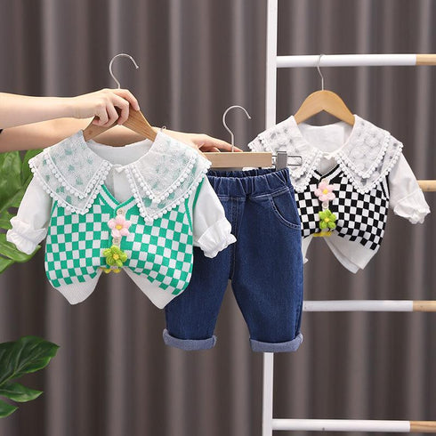 Lapel Shirt Long Sleeve Suit Plaid Sweater Vest Three Piece Set