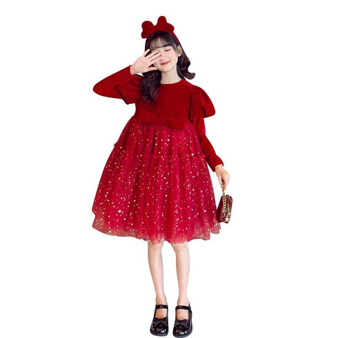 Plus velvet princess dress holiday New Year's awning dress mesh dress