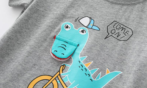 Summer Boys Bicycle Dinosaur Print Short Sleeve