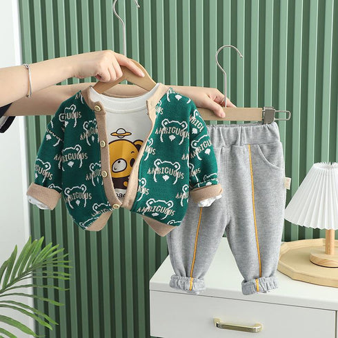 Casual Full Print Cardigan Three Piece Set Male Baby Round Neck Sweater Long Sleeve Set