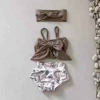 Simple Swimsuit Suit Broken Flower Color Matching Suspender Bow Wrap Fart Swimsuit