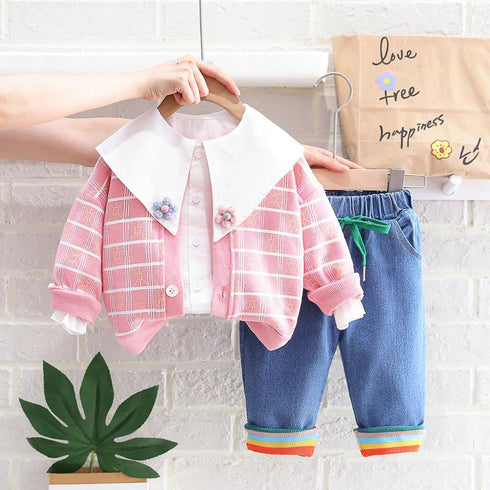 Girls Spring and Autumn Cardigan Jacket Jeans Three-Piece Set