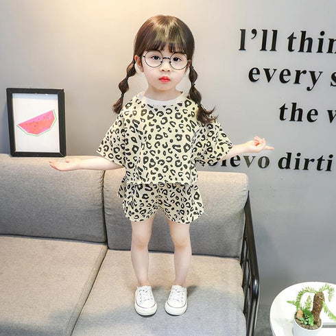 Girls Leopard Short Sleeve Shorts Two Piece Set