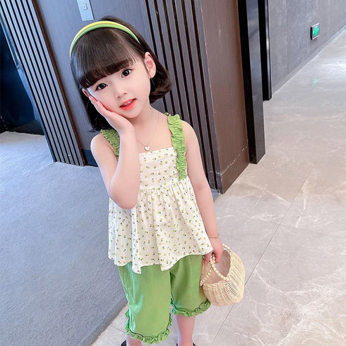 Summer Suit 2022 New Girls Foreign Style Floral Suspender Top Cropped Pants Two-piece Set