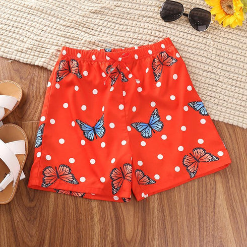 Girls' Off Shoulder Wave Point Butterfly Short Sleeved Top And Shorts Two-piece Set