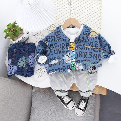 Boys Spring and Autumn Denim Coat Long Sleeve Three-Piece Set