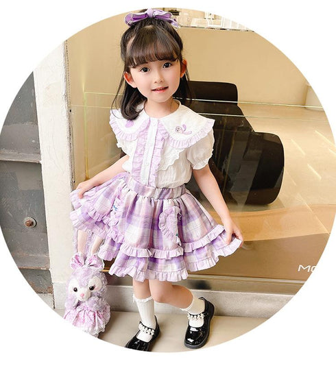 Girls New Short Sleeve Skirt Suit Girls Pleated Skirt Academy Style Princess Suit