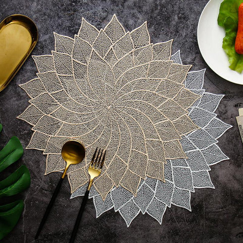 Fortune Leaf Round Table Mat Light Luxury Bronzing Western Food Mat Hollowed Out PVC Solid Color Heat Insulation Mat