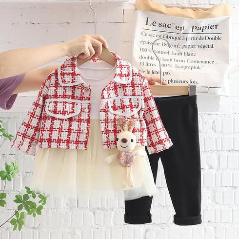 Lapel Small Fragrance Long Sleeve Three Piece Set Yarn Skirt Leggings Set