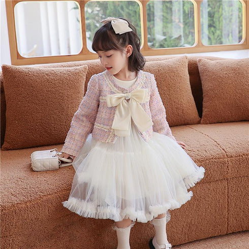 Autumn Suit Children's Two-Piece Mesh Dress Bow Cardigan Sweet Skirt