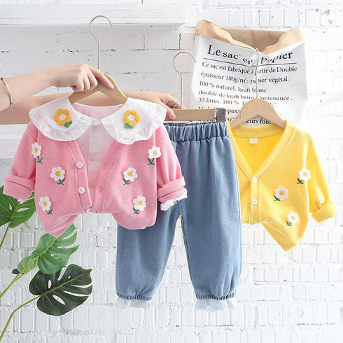 Spring and Autumn Girls Casual Cardigan Three-Piece Set