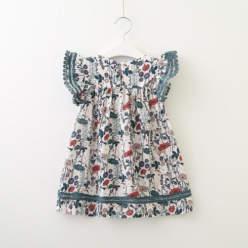 Summer New Girl Floral Fly Sleeve Dress Girl Comfortable Cotton Dress