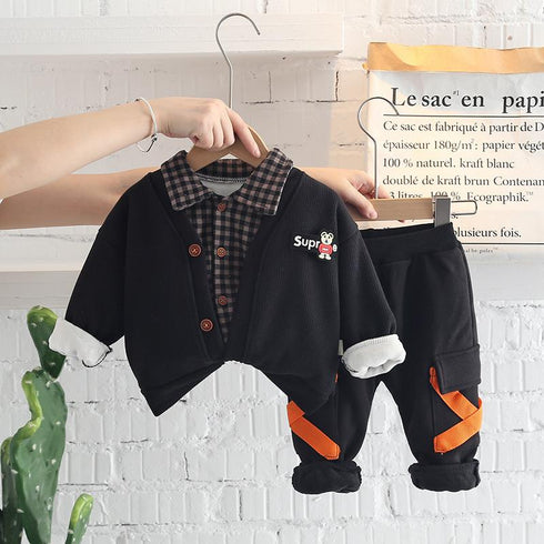 Autumn and winter boys plus velvet long sleeve suit set of three