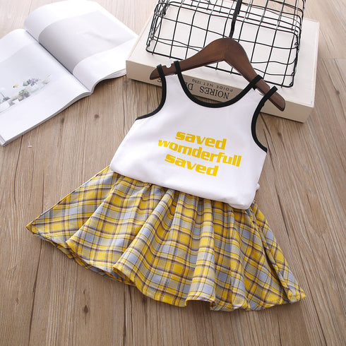 Girls Summer Letter Vest Plaid Skirt Set