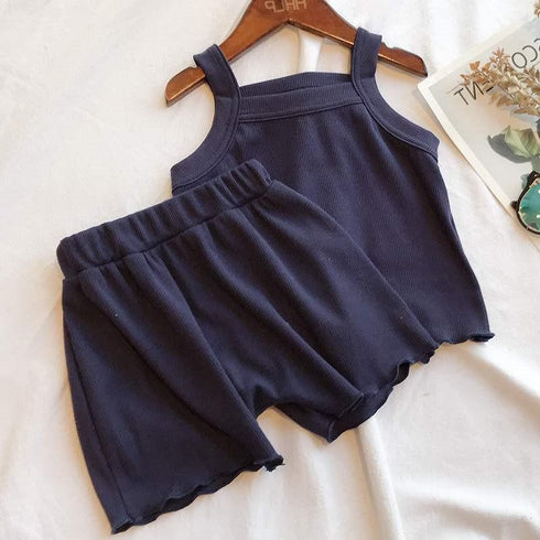 Girls Summer Wooden Ear Vest Shorts Set