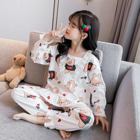 Spring And Autumn Girls Cute Bear Pajamas Set