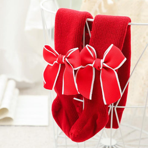 Children's Christmas and New Year plus velvet leggings red wave dot bow pantyhose padded pants