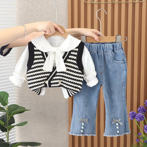 Casual Sweater Vest Three Piece Set Baby Girl Scarf Shirt Long Sleeve Set
