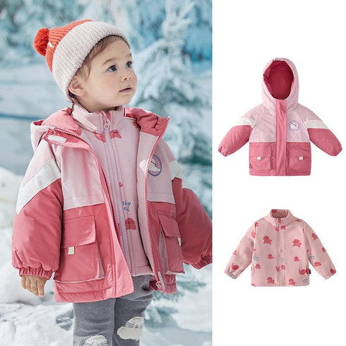 Children's Patchwork Contrast Three-in-One Windproof Clip Hooded Warm Coat