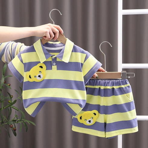 Baby Summer Short Sleeve Suit Half Sleeve Striped Bear Suit