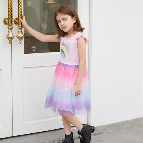 2022 European And American Style Girls Short Sleeve Dress Summer Cartoon Colored Yarn Princess Dress