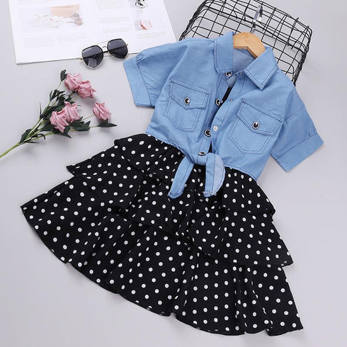 Girl's Short-Sleeve Denim Jacket Dot Skirt