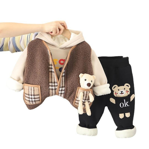 Winter boys thick hooded vests long sleeve three-piece set
