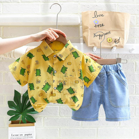 Casual Printed Shirt + Denim Shorts Two-piece Set