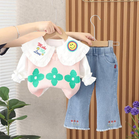 Floret Smiling Face Shirt Long Sleeve Three Piece Set