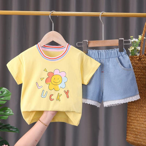 Girl's Short-Sleeve Denim Shorts Set Two-Piece Set