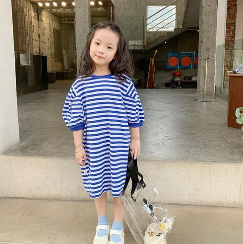 Girl's Spring And Summer T-shirt Striped Long Jacket Dress