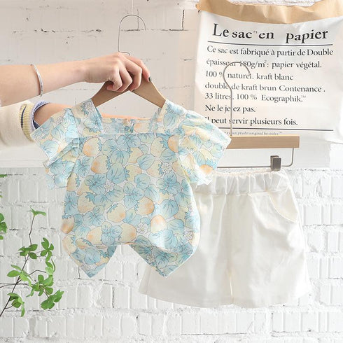 Full Print Square Neck Short Sleeve Suit Casual Shorts Two Piece Set