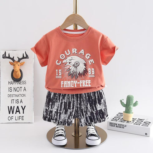 Handsome Round Neck Short Sleeve Suit Boys' Casual Shorts Two Piece Set