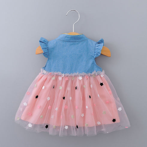 Summer New Baby Girl Stitching Dress Fly Sleeve Five-pointed Star Mesh Dress Cute Sweet