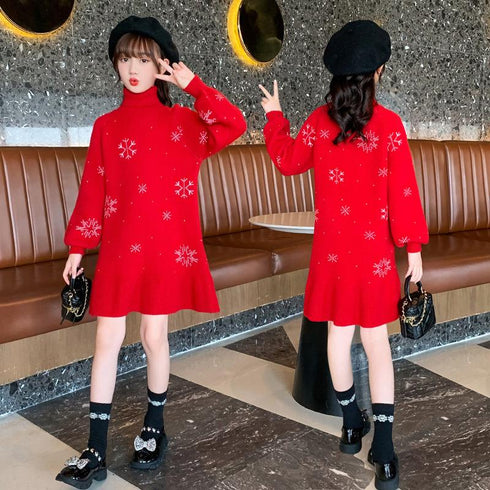 New Year's Christmas snowflake sweater dress padded knit skirt