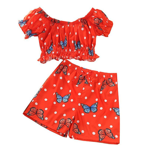 Girls' Off Shoulder Wave Point Butterfly Short Sleeved Top And Shorts Two-piece Set
