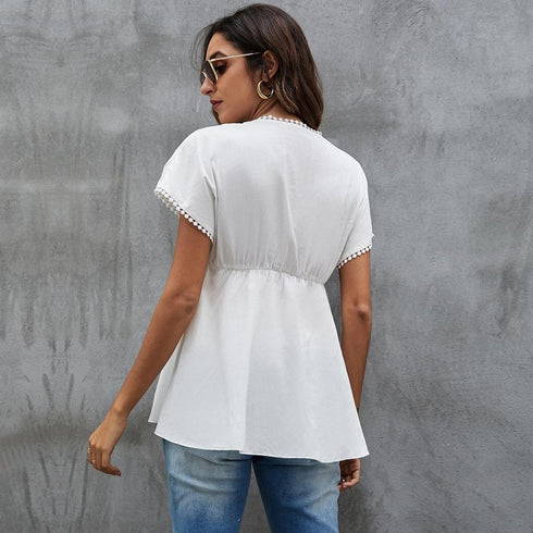 Tassel Edge Design V-neck Commuter Solid T-shirt