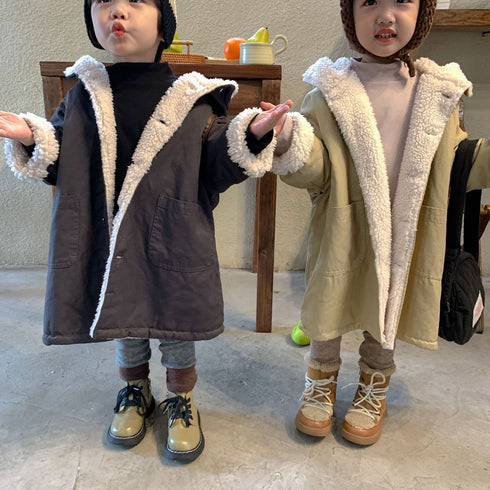 Children's cotton-padded jacket with velvet padded long trench coat coat