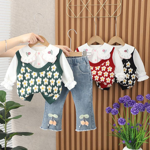 Casual Sweater Vest Three Piece Set Baby Girl Lapel Shirt Long Sleeve Set
