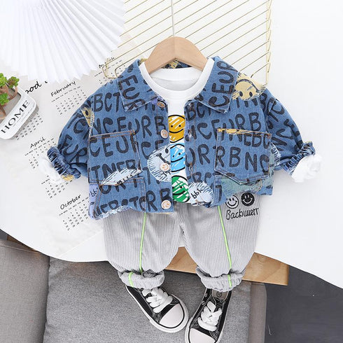 Boys Spring and Autumn Denim Coat Long Sleeve Three-Piece Set