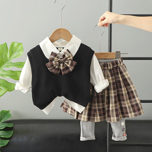 Plaid Bow College Style Skirt Pants Two-piece Set