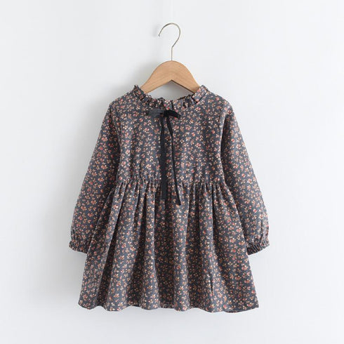 Girl's Spring And Autumn Floral Lace-Up Dress