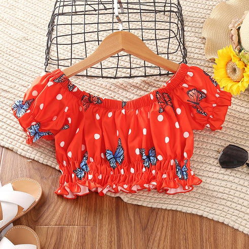 Girls' Off Shoulder Wave Point Butterfly Short Sleeved Top And Shorts Two-piece Set