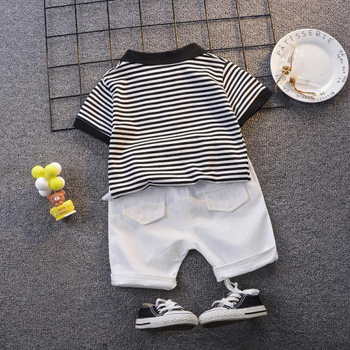 Boys summer lapel striped t-shirt pants two-piece set
