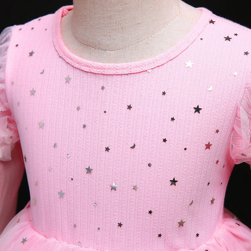 Girls Long Sleeve Dress Autumn New Gradient Starry Mesh Sequins Children's Dress Princess Dress