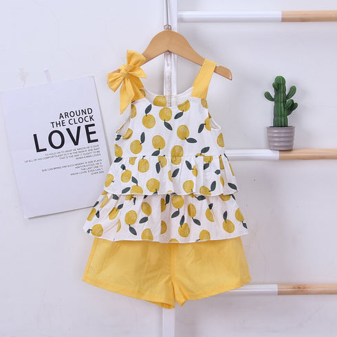 Girl's cartoon suspender shorts two-piece set