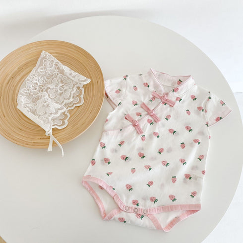 Strawberry printed baby cheongsam sleeveless jumpsuit creeping suit