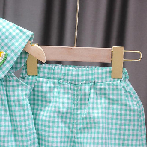Summer New Girl Doll Collar Short Sleeve Set Baby Girl Fruit Decoration Plaid Two-piece Set