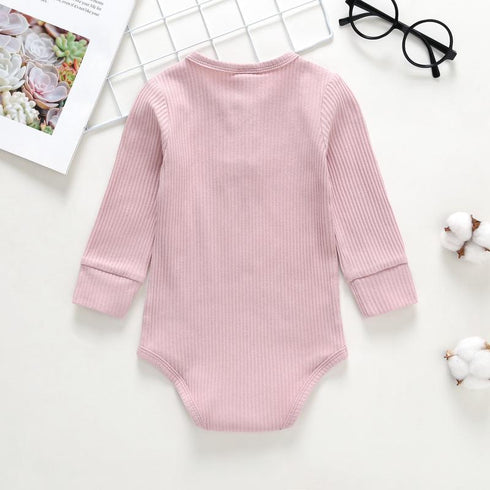 Ribbed Solid Front Button Long-sleeve Baby Romper