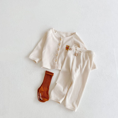 Spring Autumn Bear Embroidered Cardigan Jacket Top and Pants Set